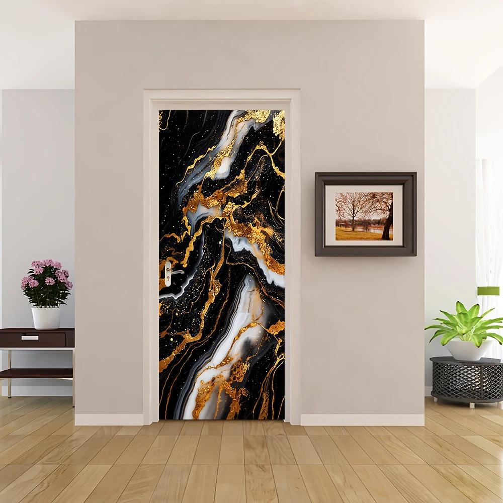 1pcs luxurious black gold marble patterned decorative door stickers, entrance bedroom living room background wall stickers, mode