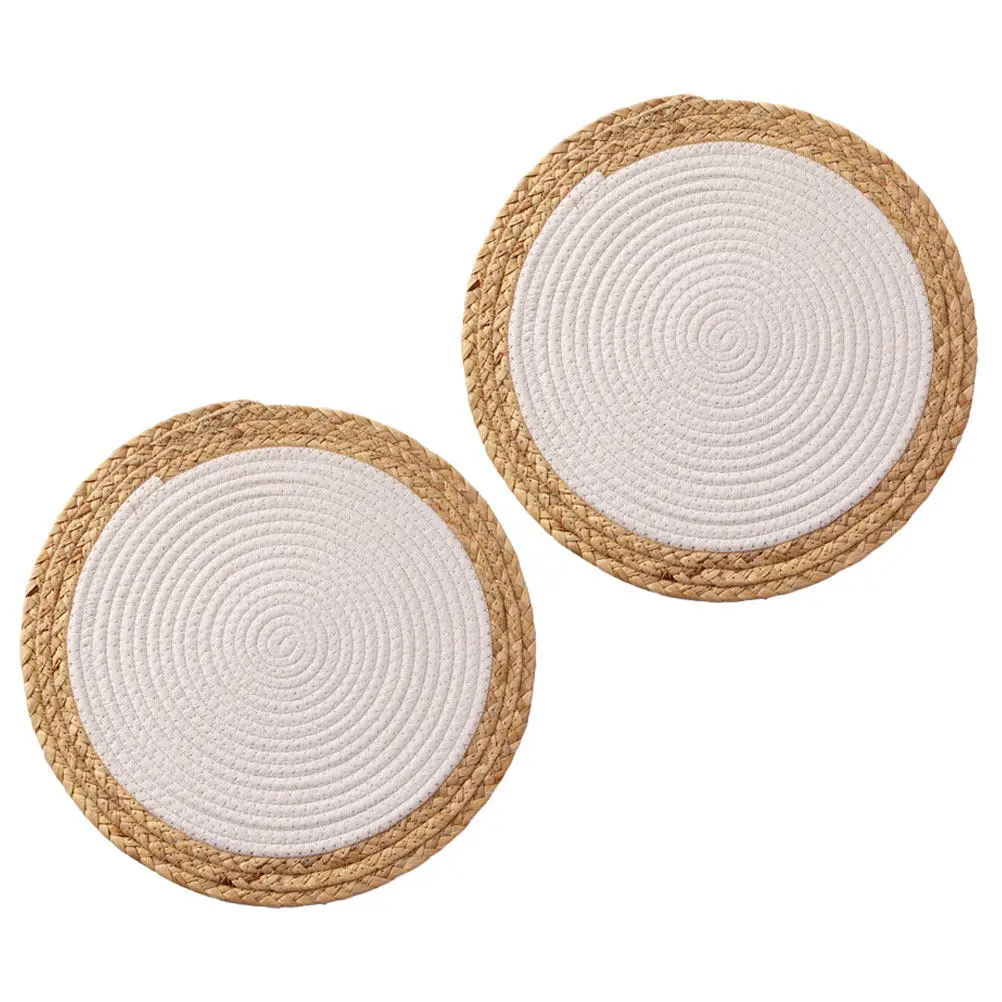 2Pcs Tassel Round Placemat Woven Straw Heat Resistant Table Mat Anti Scald Coaster for Drinks Bowl Cup Desktop Decorative Place view 4