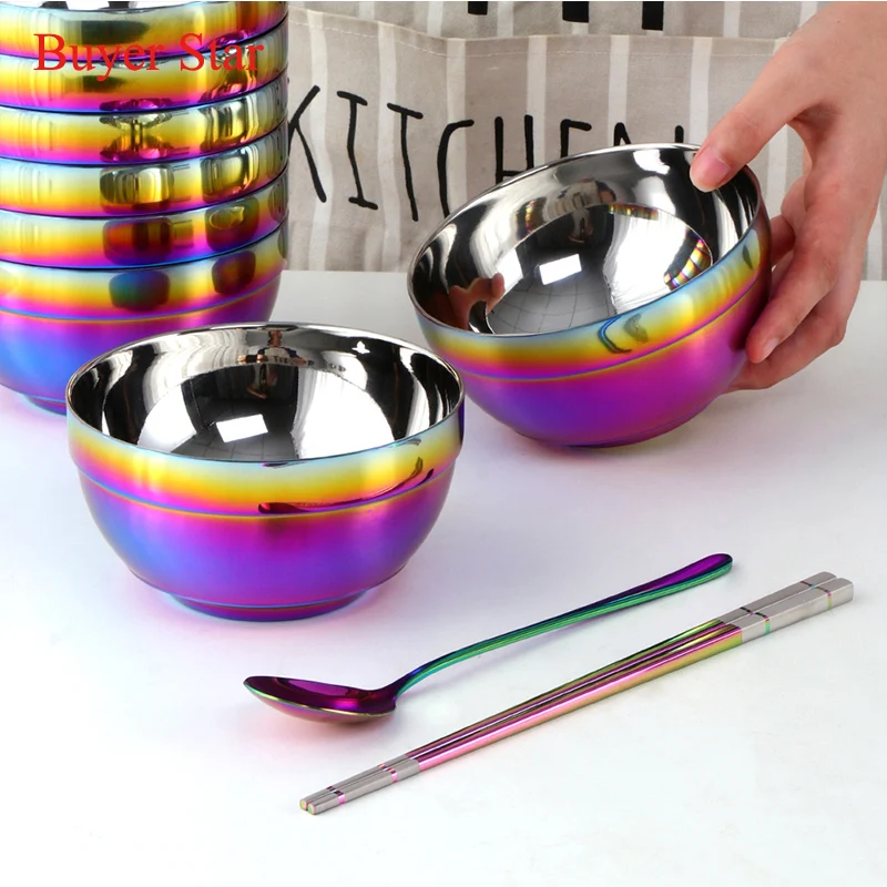 Small&Big Stainless Steel Chinese Rainbow Round Bowl Rice Soup Double Hot Insulation Container Noodle Bowl Kitchen Tableware