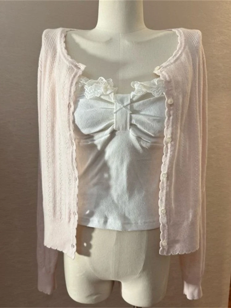 Korean Fashion Slim Fit White Lace Bow Long Ruffle Sleeve Knit Cardigan Cami Top 3 Piece Set Women Kawaii Pink Short Skirt Set view 5