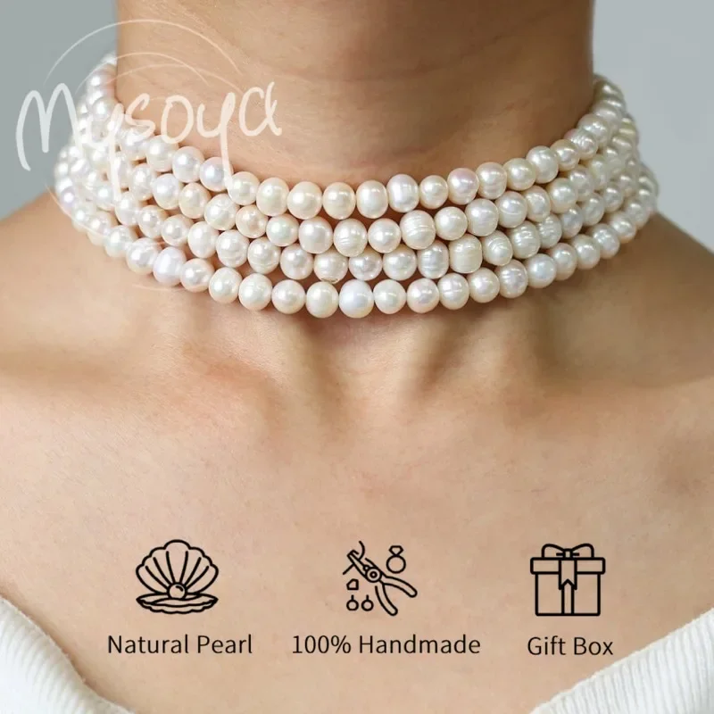 MYSOYA قلادة من لؤلؤ المياه العذبة البيضاء مكونة من أربع طبقات 6-7 ملم مع صندوق هدايا، لها/له، عيد الميلاد/الزفاف/الذكرى السنوية/هدية الكريسماس #1