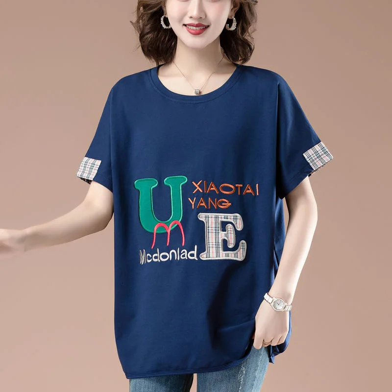Cotton Short-sleeved T-shirt Women\'s 2025 Summer New Korean Style Stitching T-shirt Round Neck Loose Contrast Color Tops Women