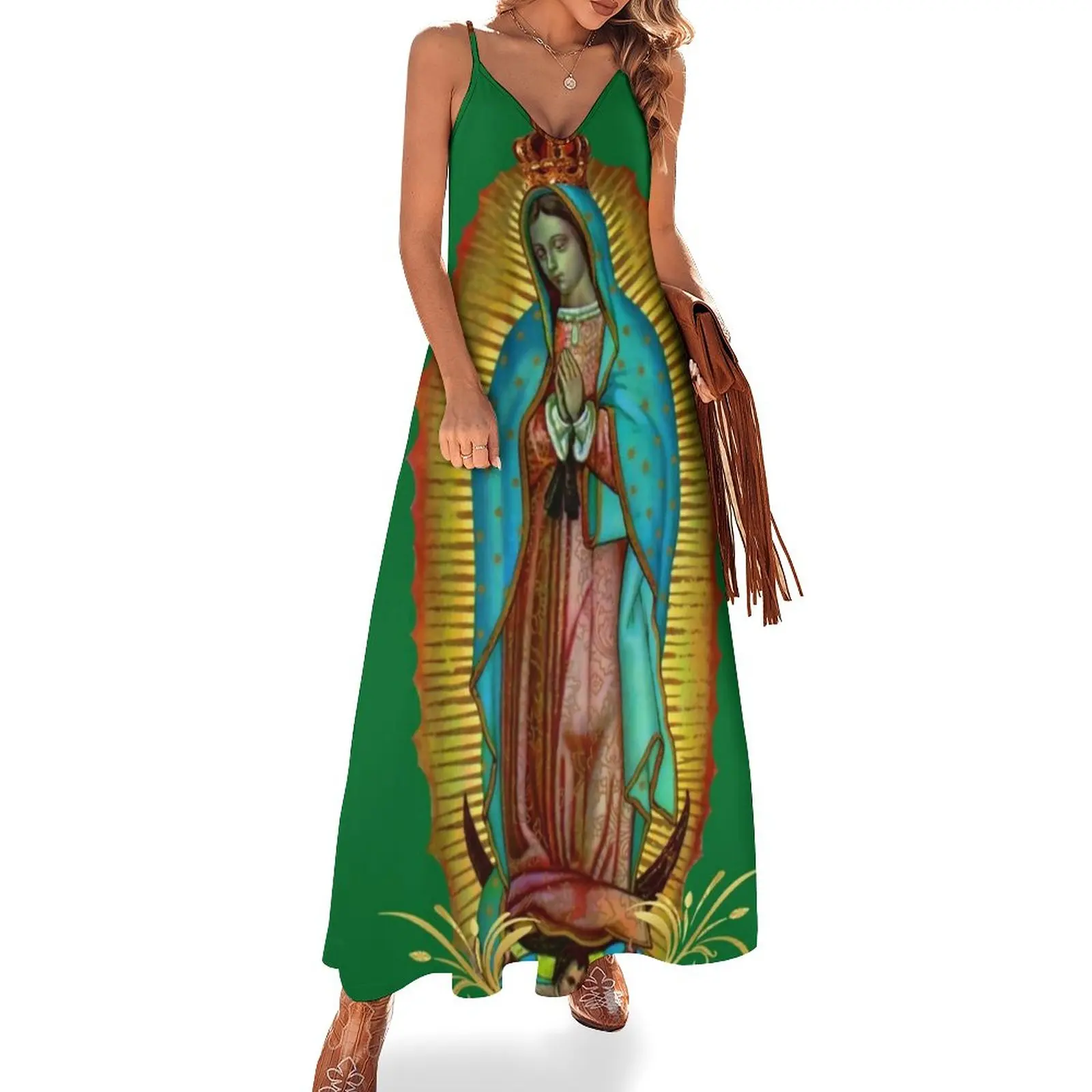 Virgin Mary Dress Mexican Virgin Cute Maxi Dress Stylish Boho Beach Long Dresses Female Spaghetti Strap Printed 3XL 4XL 5XL