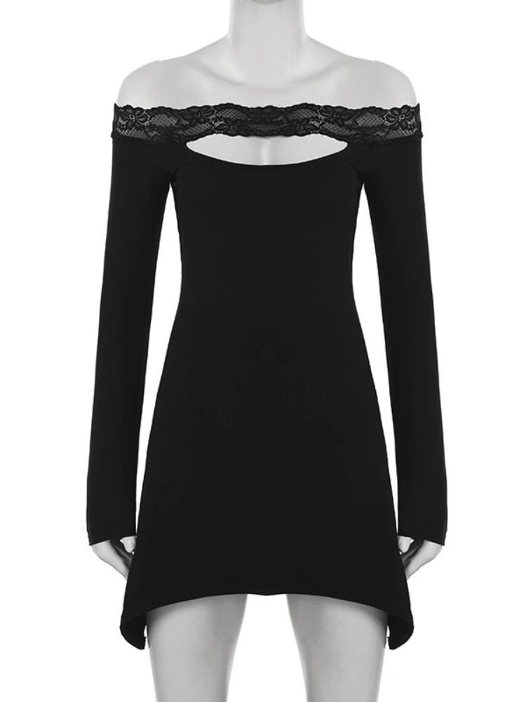 Stsss sexy fora do ombro manga longa magro mini vestido feminino moda renda hem slash neck cortar detalhe elástico uma linha vestido curto