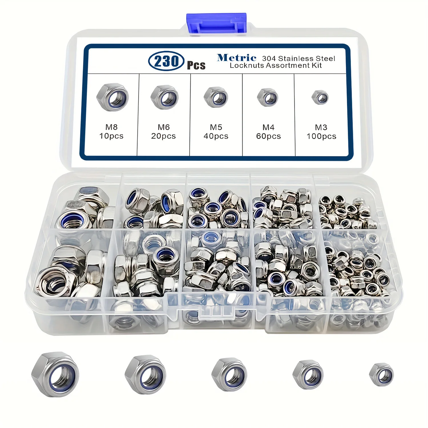 Picture 3: Lock Nuts Assortment Kit,304 Stainless Steel Self Clinching Nuts,M3, M4, M5, M6, M8, M10, M12 Metric Nylon Insert Lock HexNuts