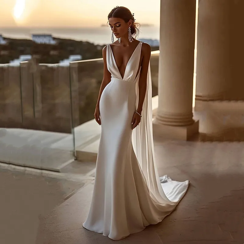 

Boho Mermaid Satin Wedding Dress Sexy Deep V-Neck Spaghetti Straps Sleeveless Wedding Gown Pleat Backless Long Train Customized