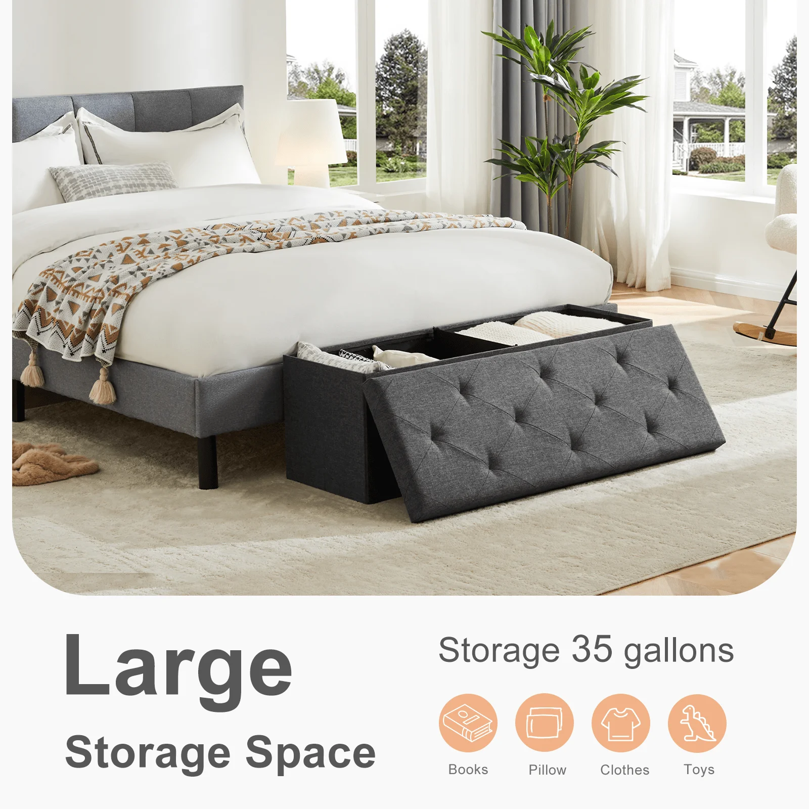 Foldable Storage Ottoman Bench, Storage Chest, End Of Bed Foot Rest Stool With Padded Seat, Bedroom Bench For Living Room, Support 660lbs, Grey