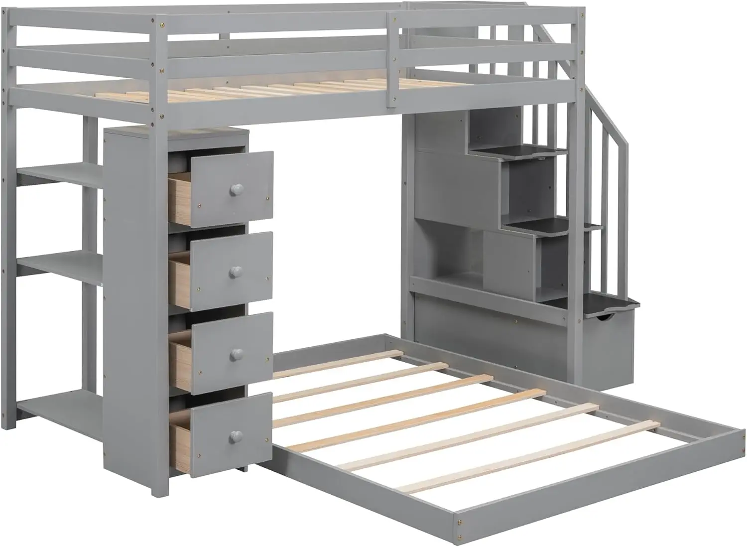 سرير بطابقين على شكل حرف L مع سلالم ومساحة تخزين ، إطار سرير خشبي ، 4 أدراج وأرفف من 3 طبقات ، سرير مزدوج ، سرير سفلي كامل