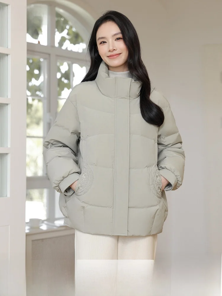 

Elegant Short Puffer Jacket for Women Stand Collar Chinese Style National Fashion Snug Fit Warmth City Casual Daily Commute T...