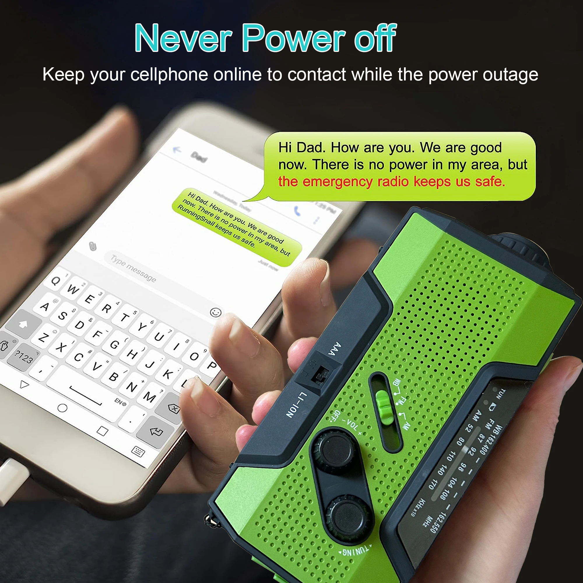 Portable Hand Crank Radio, Emergency Weather Radio Solar Powered,AM/FM, SOS Alarm, LED Reading Lamp, Flashlight,2000 mAh Battery