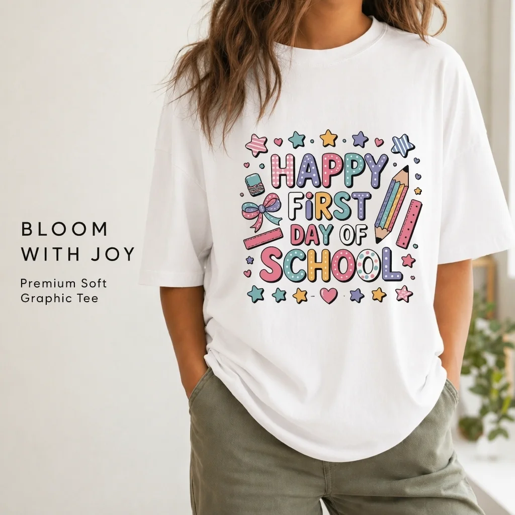 Women's Teacher Pattern T-shirt Let's Learn Today Flower Apple Pencil Print 100% Cotton Back to School T-shirt