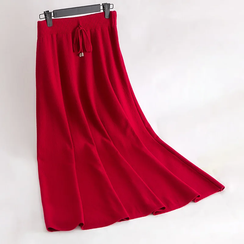 Autumn Winter Blend Red A-line Maxi Long Knitted Skirts with Waist Strings Winter Cashmere Thick  Ankle Long Knit Skirts