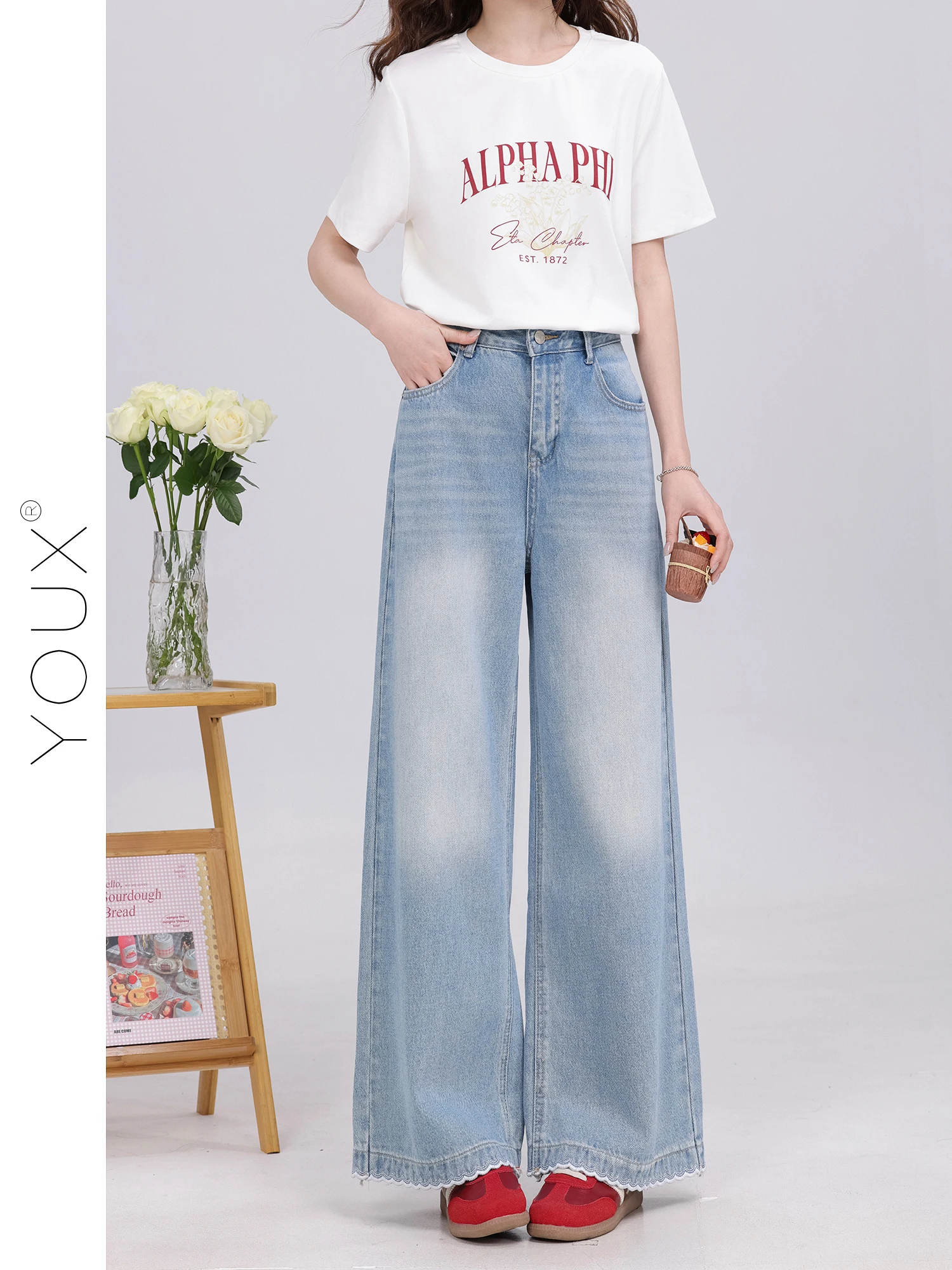 

High Waist Flared Jeans Vintage Style Commute Lace Detailing Summer New Arrival Breathable Comfortable Blue Denim Women's Fas...