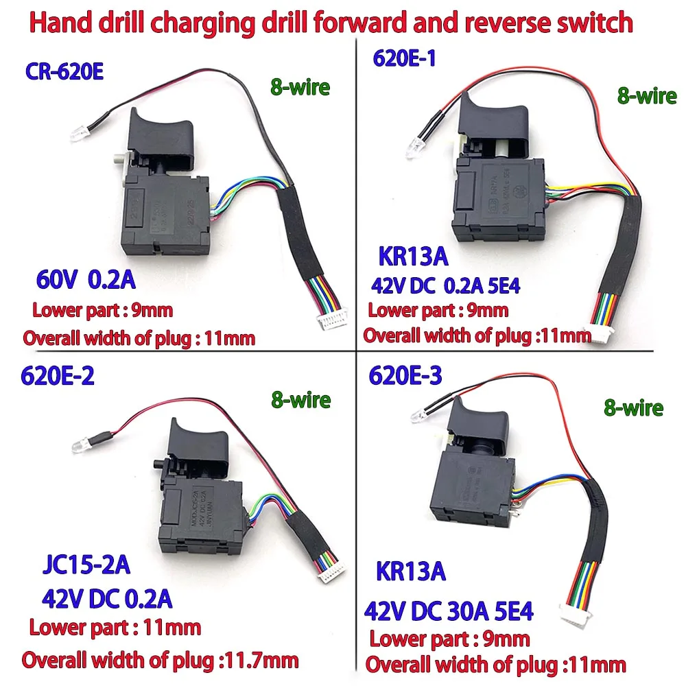 Electric Drill Switch 42V 36V 60V DC 0.2A 15A 30A 6-Wire 8-Wire 9-Wire Forward and Reverse Switch for Hand Drill Rechargeable Dr