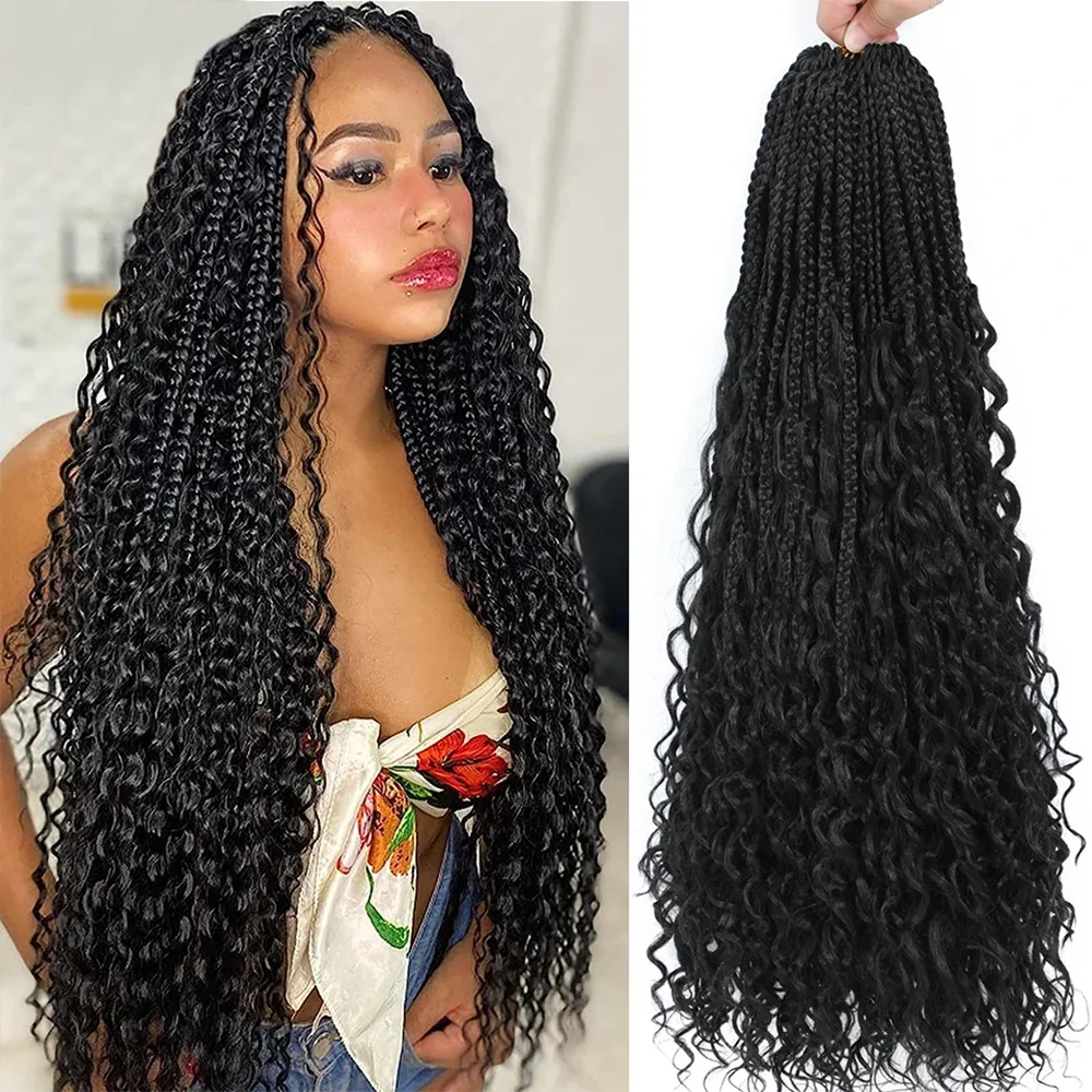 Trenzas de caja de diosa de ganchillo con extremos rizados, trenzas de caja bohemia Bob, pelo ombré de onda profunda, trenzado de fibra sintética, giro de pasión