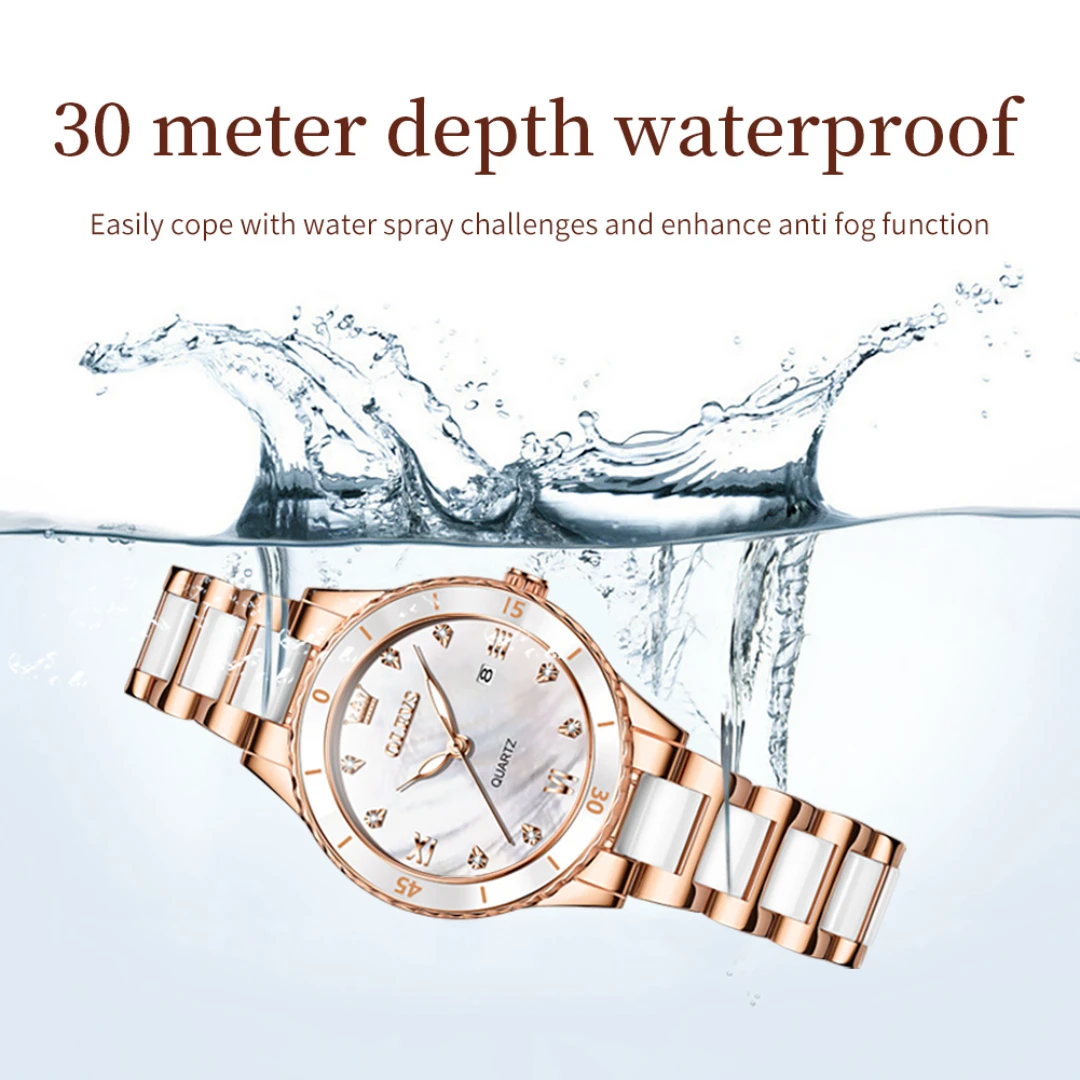 OLEVS 9985 Кварцевые модные часы в подарок с круглым циферблатом, керамический ремешок для часов, наручные часы с календарем