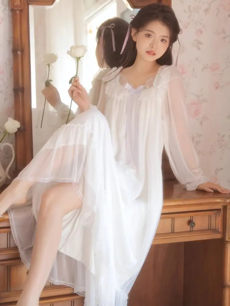New White Lace Mesh Nightgown Long-sleeved Pajamas Women's Plus Size Pyajama Femme Dress Gifts Sleepdress Clothes Sleeping Woman