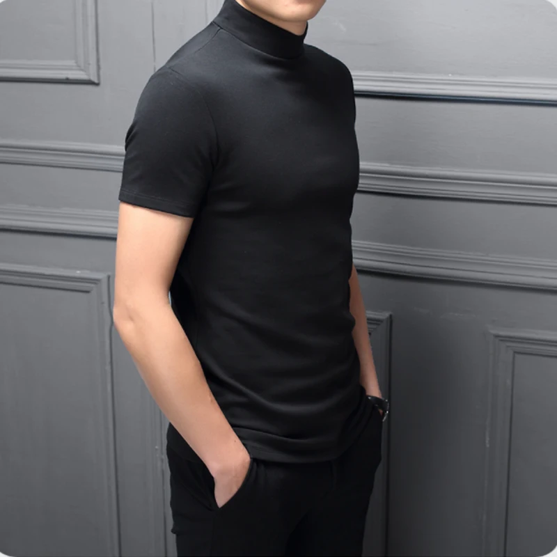 2023 New Trend Summer Men Half High Collar Mercerized Cotton Short Sleeve Slim Body T-Shirt Men Solid Color Modale High Collar