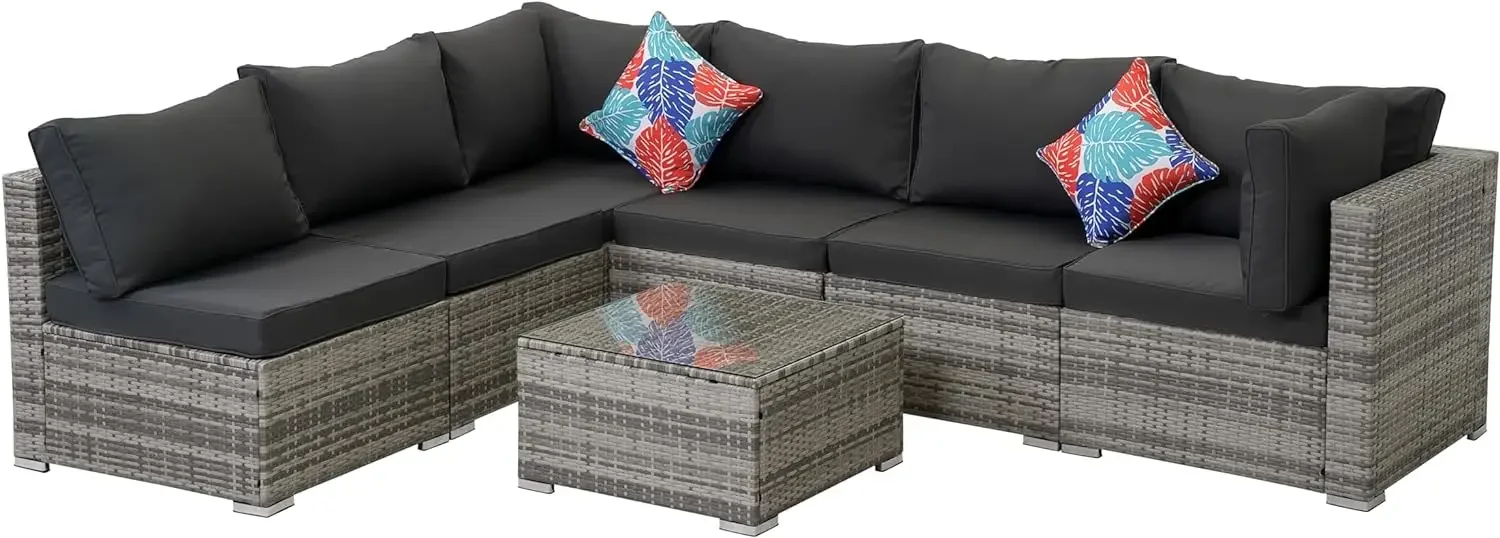 

7 pcs PE Rattan Wicker Sofa Sets, All Weather Sectional Patio Furniture Conversation Sets with Tea Table and Cushions