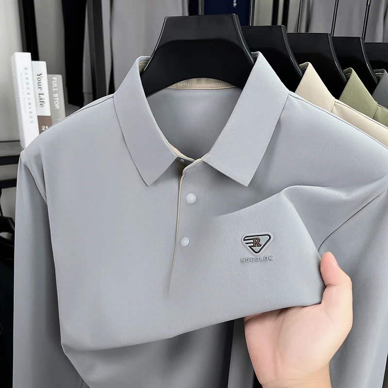 Light luxury Brand long sleeve men polo shirt high-quality silky smooth breathable comfort trend letter embossed casual T-shirt