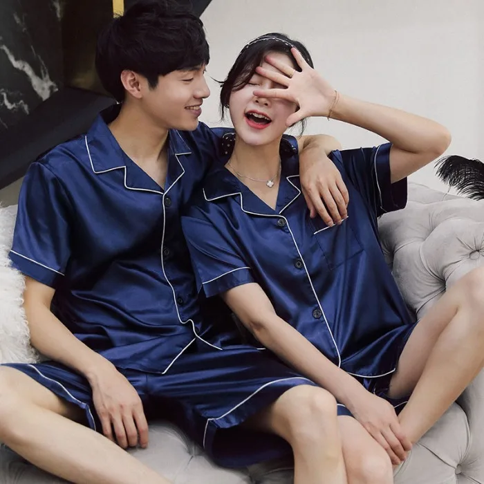 

Couples Summer Ice Silk ort Sve Thin Home Clothes Spwear Two-Piece Set Large Size Ladies Simulated Silk Pajamas
