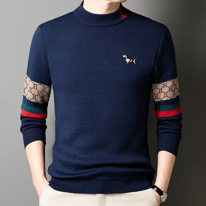 Original Design Men's O-Neck Pullover Sweater Winter New Arrival Dog Print Soft Fleece Lined Thicken Fashion Handsome Men's Wear