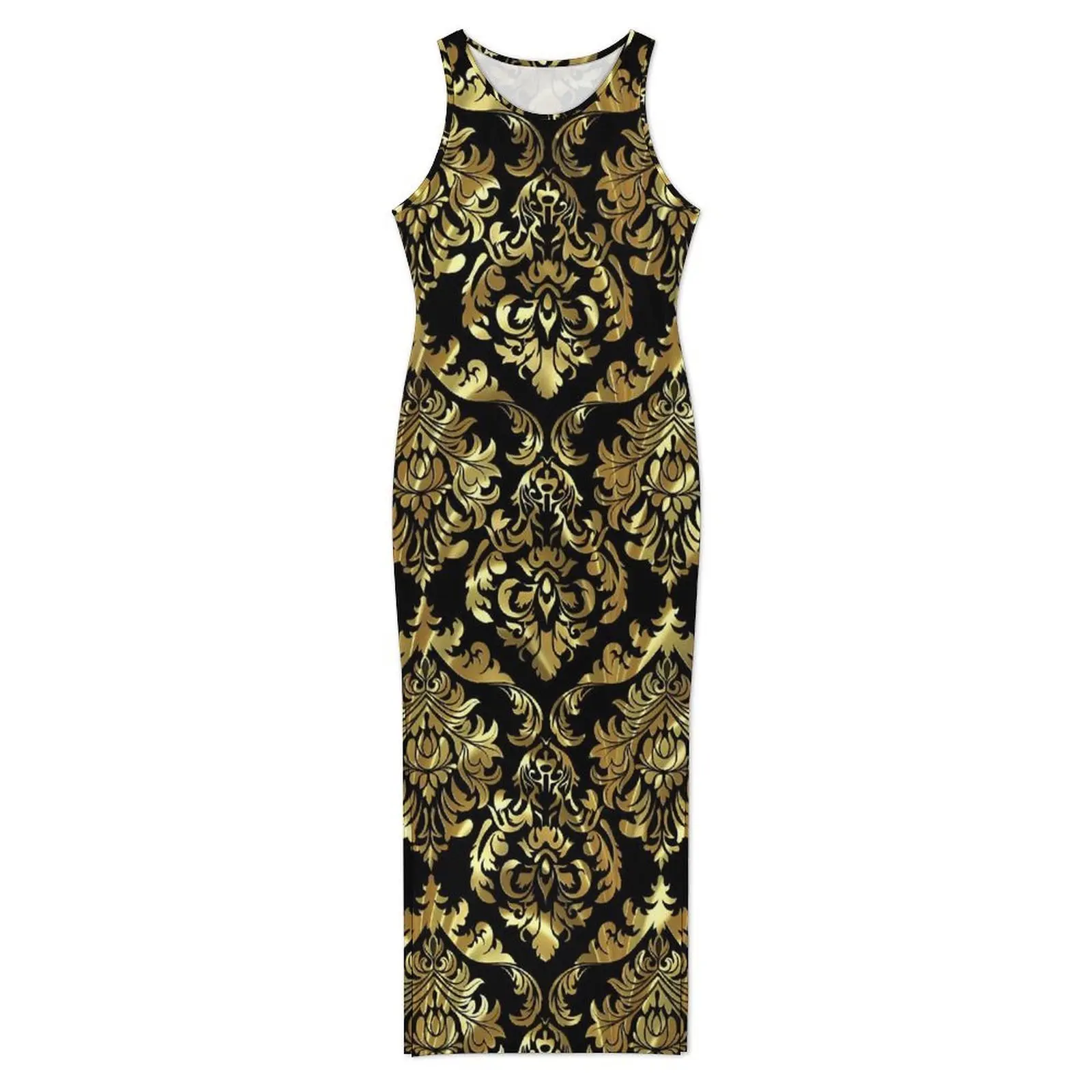 Damask Floral Dress Sleeveless Black And Gold Aesthetic Maxi Dresses Trendy Bodycon Dress Female Custom Big Size Vestido