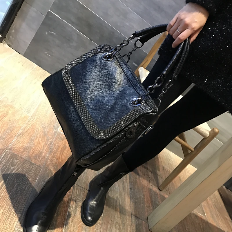 2021 borsa da donna in morbida pelle di nuova moda borsa a tracolla portatile da donna in pelle bovina con diamanti borse nere semplici di grande