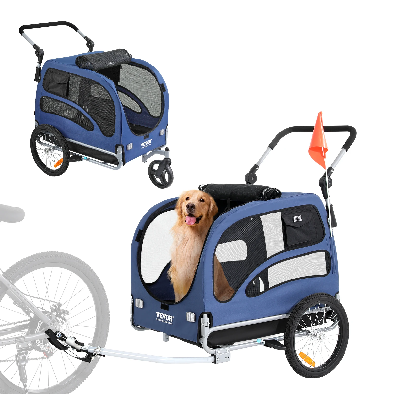 VEVOR 100 lbs Dog Bike Trailer 2-in-1 Pet Stroller Cart Bicycle Carrier with Wheels Coupler Reflectors Flag for Dogs Travel