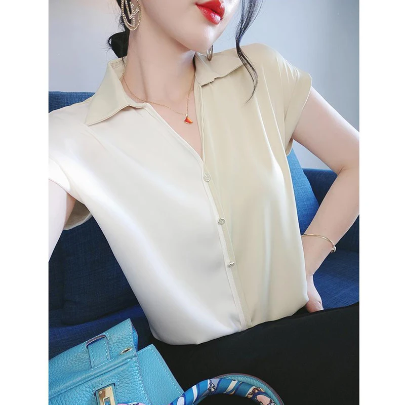 Womens High Quality Satin Contrast Color Patchwork Blouse Office Lady Elegant Commute Shirt Summer V Neck Slim Short Sleeve Tops