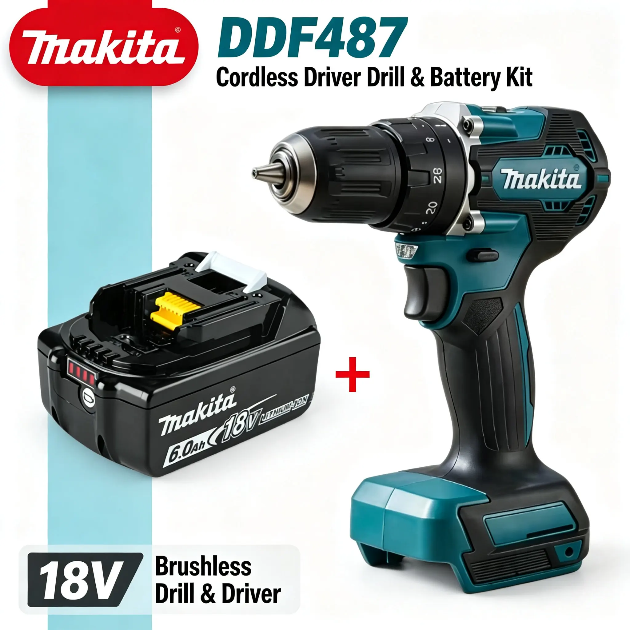 Makita DDF487 Bürstenloser Bohrschrauber 18V Lithium Wiederaufladbarer Kabelloser Elektroschrauber Kompaktes Elektrowerkzeug für Befestigungs- und Bohranwendungen