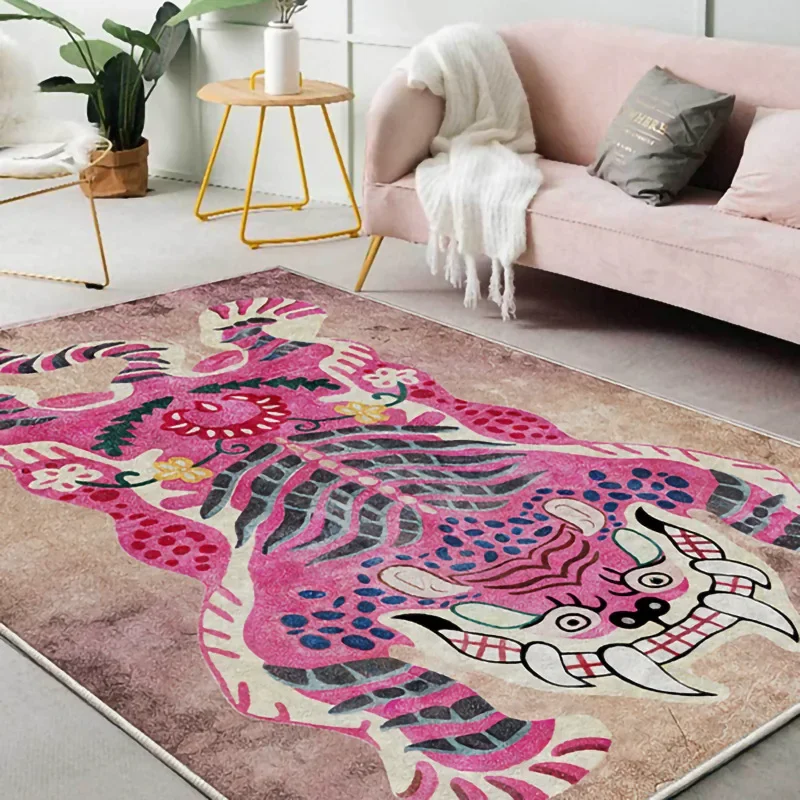 Tibetan Tiger Carpet for Living Room Velvet Cartoon Animal Bedroom Carpet Rugs Foldable Anti Slip Floor Mats Bedside Area Rugs
