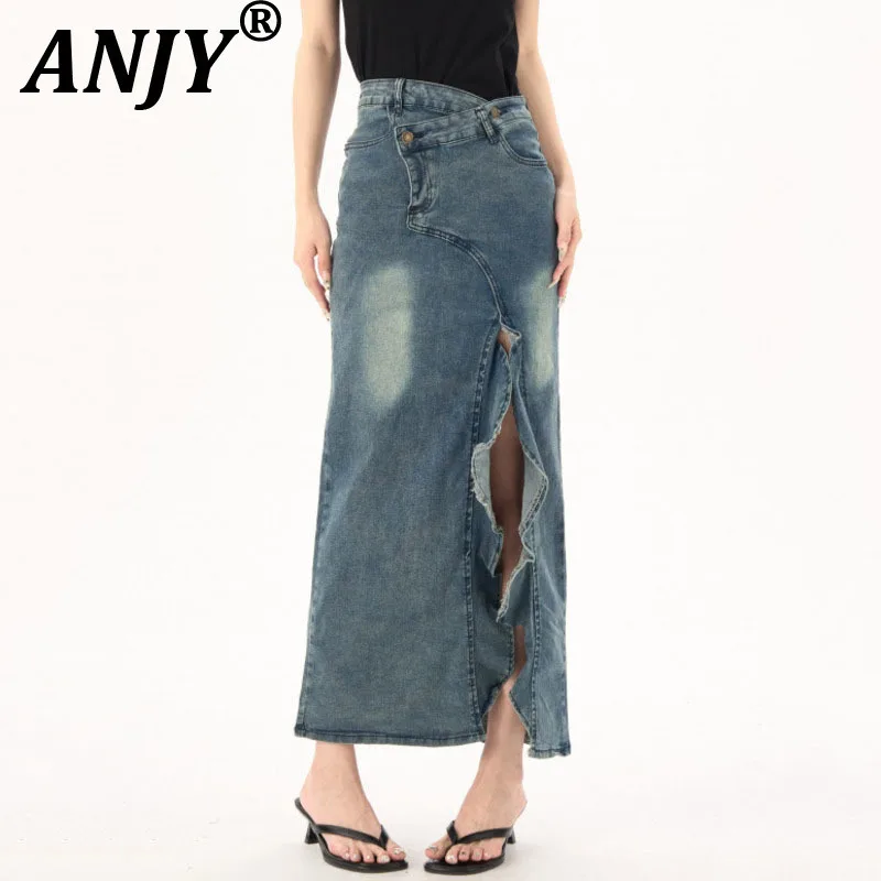 

ANJY Summer New Women American Retro Denim Skirt Distressed Split Ruffles Asymmetric Streetwear Elegant Stylish Y2K Skirts A8888