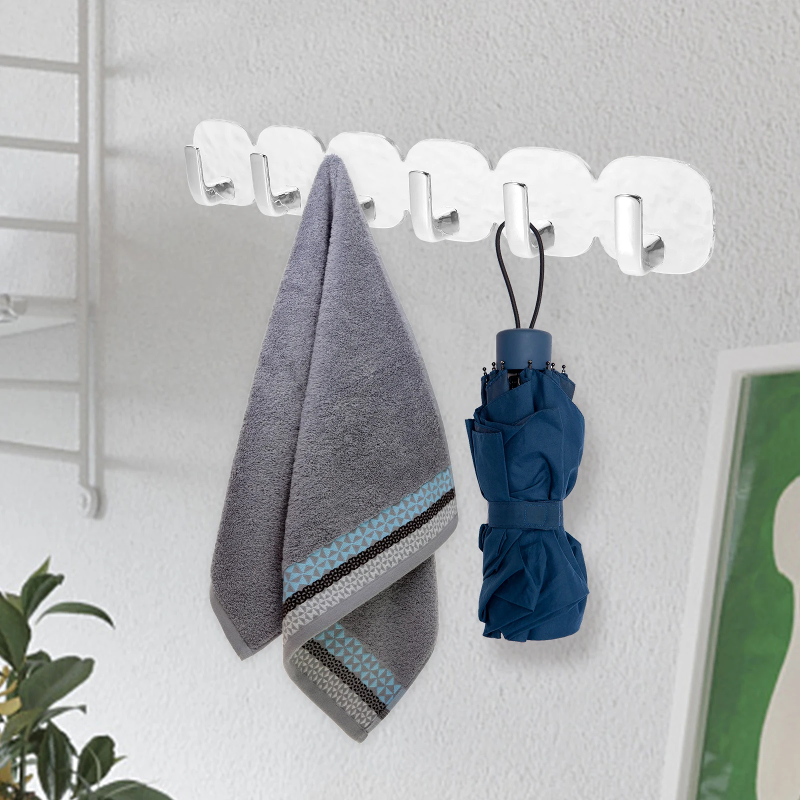 

Multi Hooks Heavy Duty Adhesive Hook Rack for Clothes Towels Hats Scarves Key Rings Self Mounting Coats