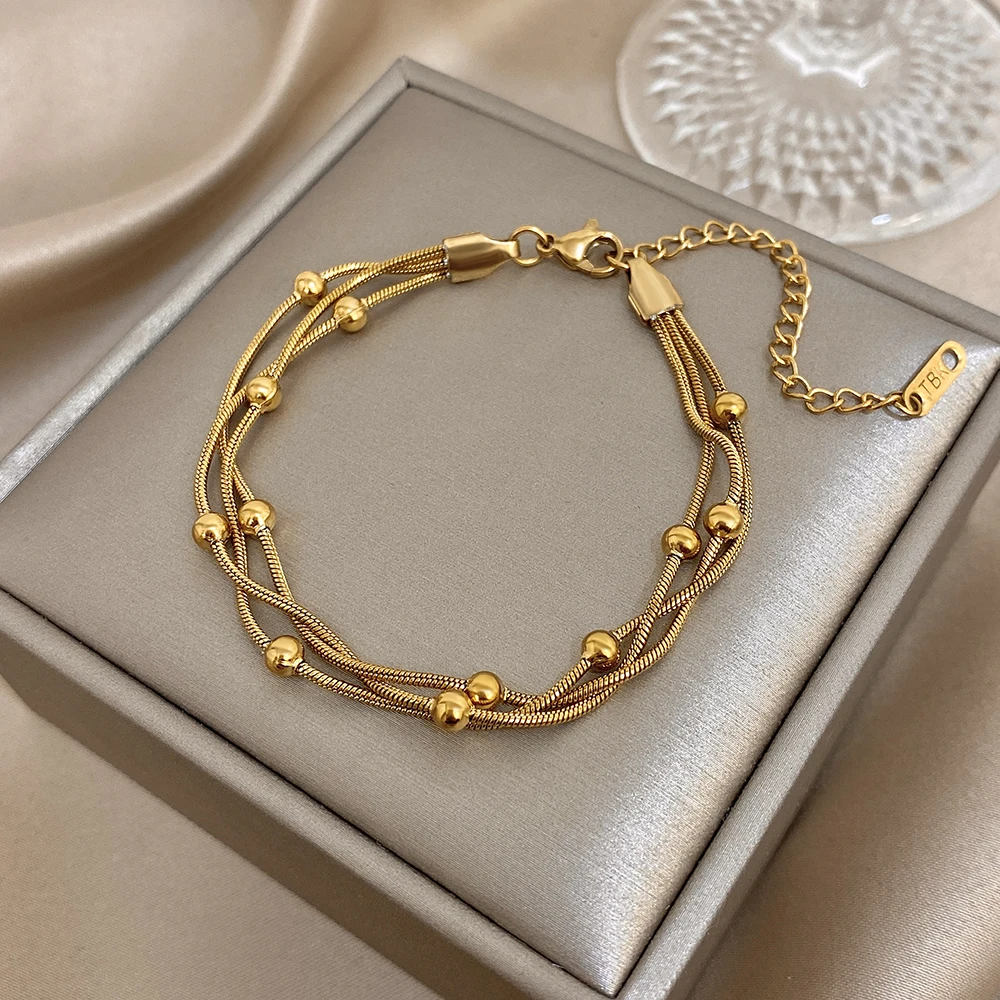 Stylish Gold Silver Color Stainless Steel Adjustable Bracelet for Women Elegant Multilayer Wrap Beaded Bracelets Party Jewelry