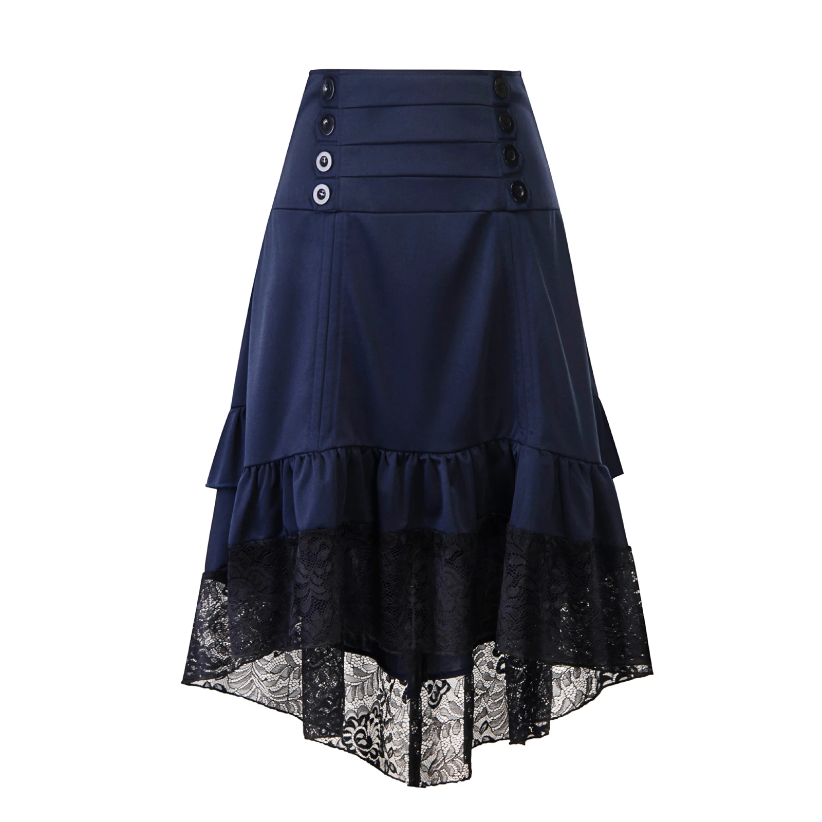 

Lolita Women Steampunk Gothic Vintage Midi Skirts Cosplay Decorative Buttons Drawstring Ruched Ruffled Lace Trim High-low Skirt