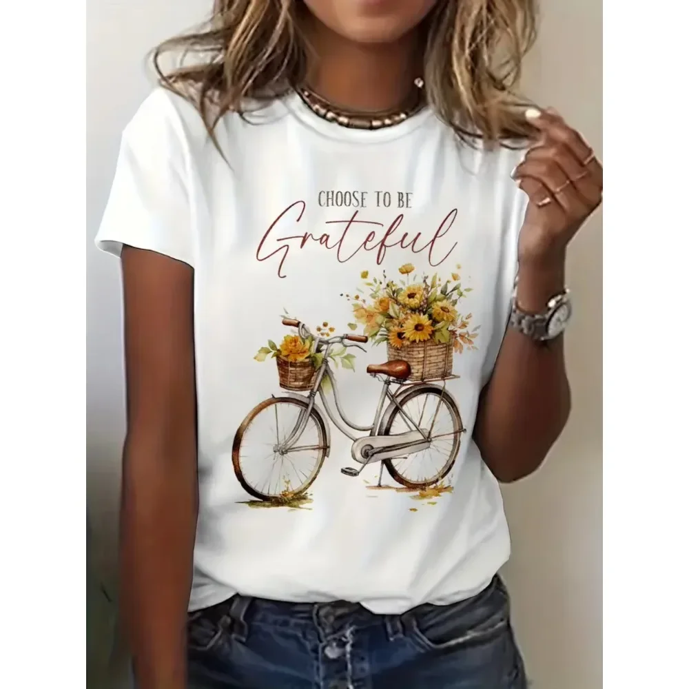 Women's Choose To Be Grateful Floral Bike Short Sleeve Printed T Shirt Clothing Women's T-Shirt Graphic Clothing Women's Top Tee