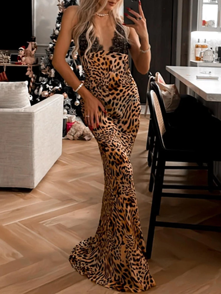 

Leopard Print Long Dresses Women Summer Sexy Backless Dress Female Elegant Lace Patchwork Dress Ladies Spaghetti Strap Vestidos