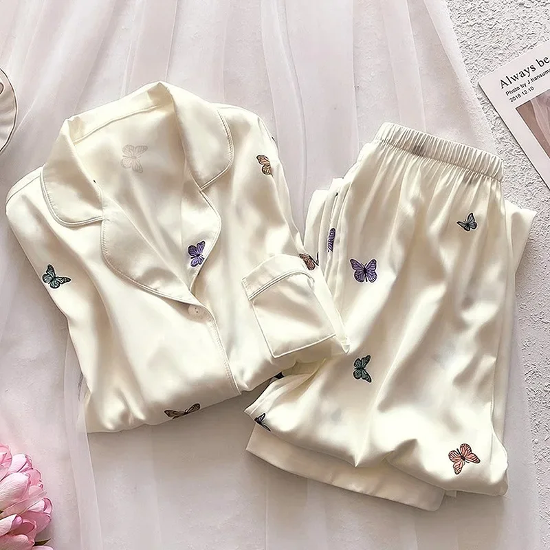 New 2/pce Set Spring Autumn Girls Casual Fashion French-style Pajama Lady Luxury Butterfly Pajamas Women Long Sleeves Loungewear