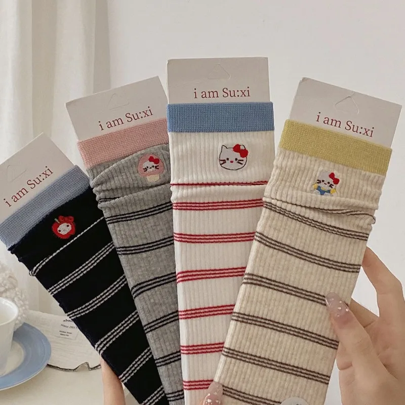 

Cute Hello Kitty Boneless Striped Middle Socks Winter Cartoon Embroidered Micro Pressure Stacking Socks (starting From Two Pairs