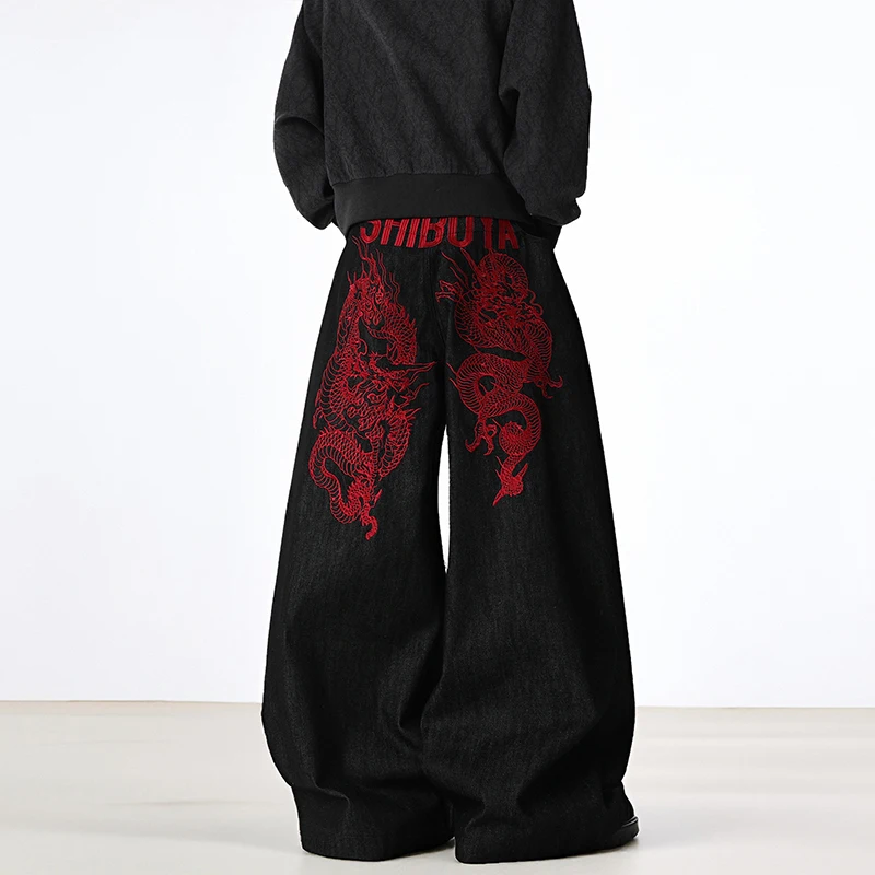 

Весенние джинсы в американском стиле с тяжелой вышивкой Red Dragon, свободные прямые длинные брюки для мужчин, уличные широкие джинсы в стиле хип-хоп