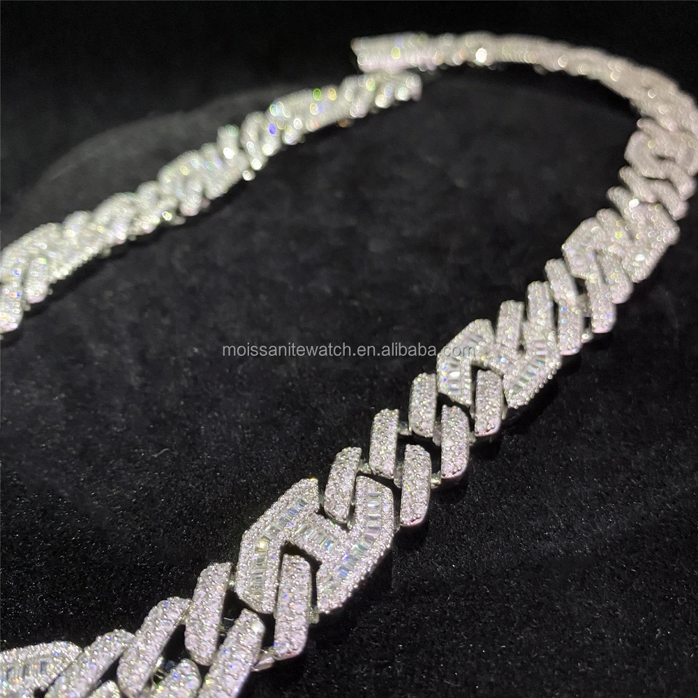 18k Gold Plated White Color Moissanite Baguette Miami Cuban Link Chain Men Hip Hop Jewelry Iced Out Vvs Diamond Cuban Necklace