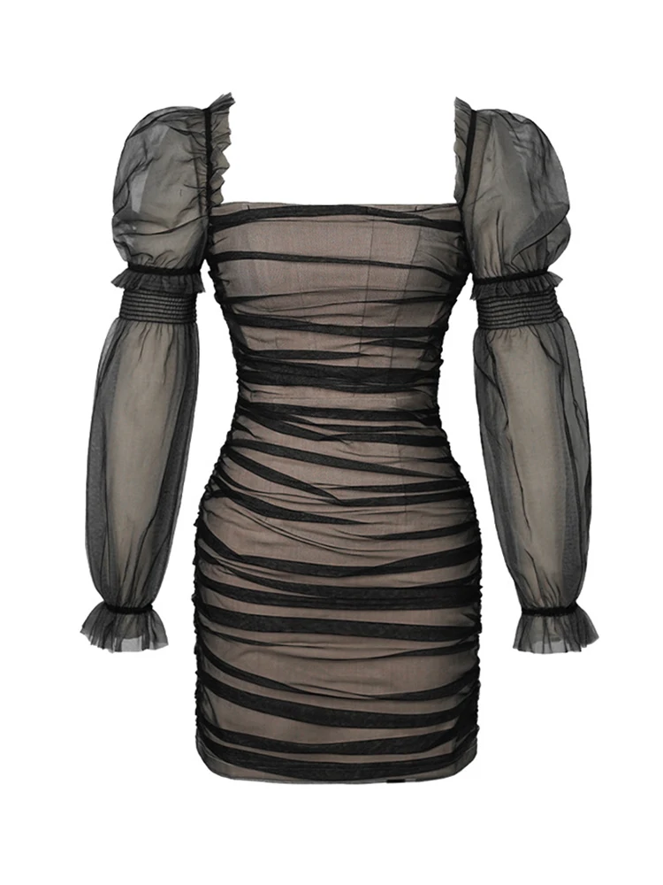 High Quality Summer Fashion Women Evening Dress Chic Black Mesh Sexy Square Collar Folds Slim Midi Party Club Prom Mujer Vestido