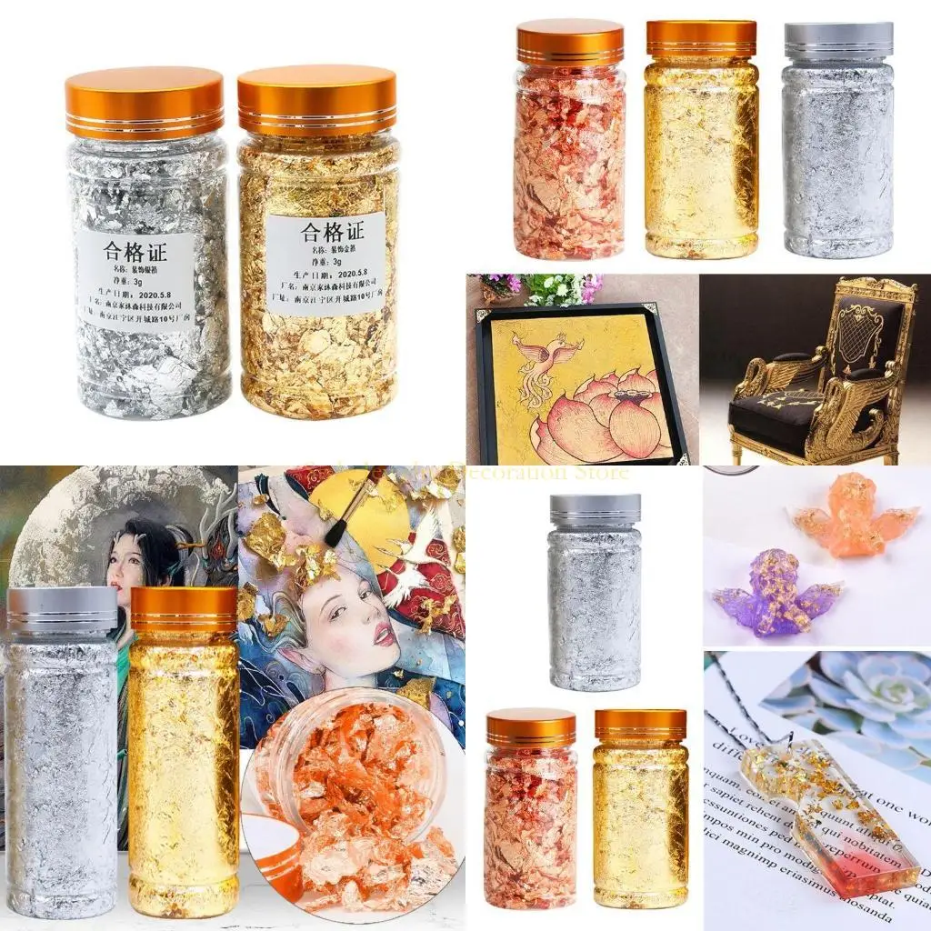 

D46E Gold Silver Leaf Flakes Epoxy Set Foil Flakes for Resin Mode for Candle Making