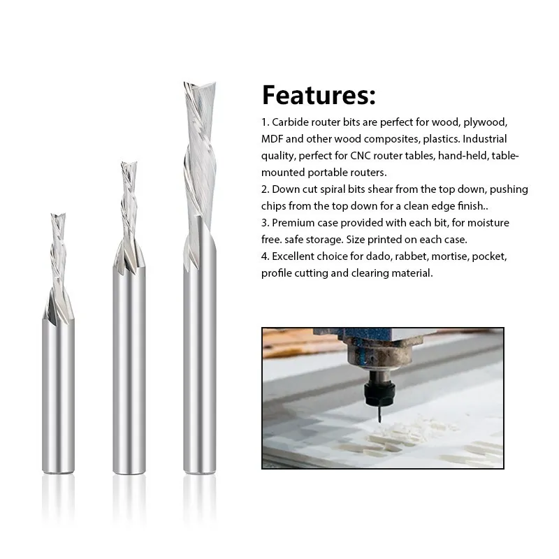 HAMPTON Spiral Plunge Router Bit 1/4 inch Shank Down Cut Milling Cutter for Woodworking Carbide End Mill