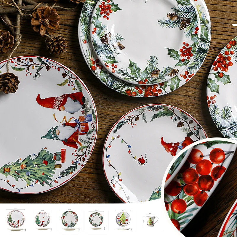 Christmas Ceramic Dinner Plate Underglaze Color Round Flat Plate Household Dessert Serving Tray For Festival Tabletop Decor