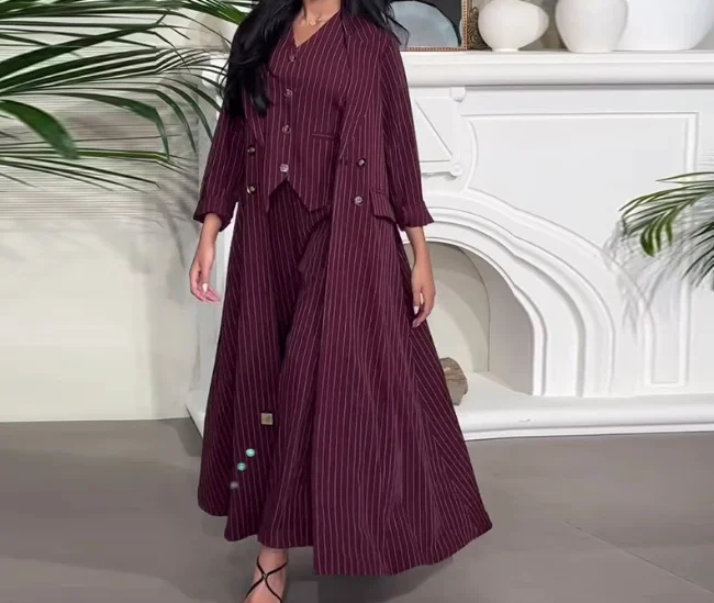 

Универсальный халат в полоску с цветными блоками, комплект брюк для поездок на работу, длинный пиджак с принтом в полоску и комплект брюк с прямыми штанинами