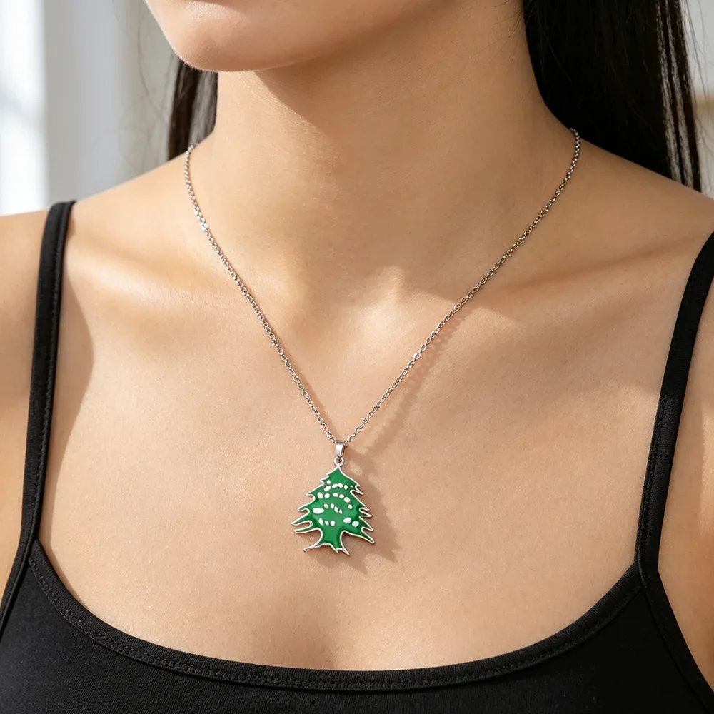 Skyrim Lebanon Cedar Green Enamel Pendant Necklace Stainless Steel Gold Color Chain Choker for Women Ethnic Jewelry Gifts
