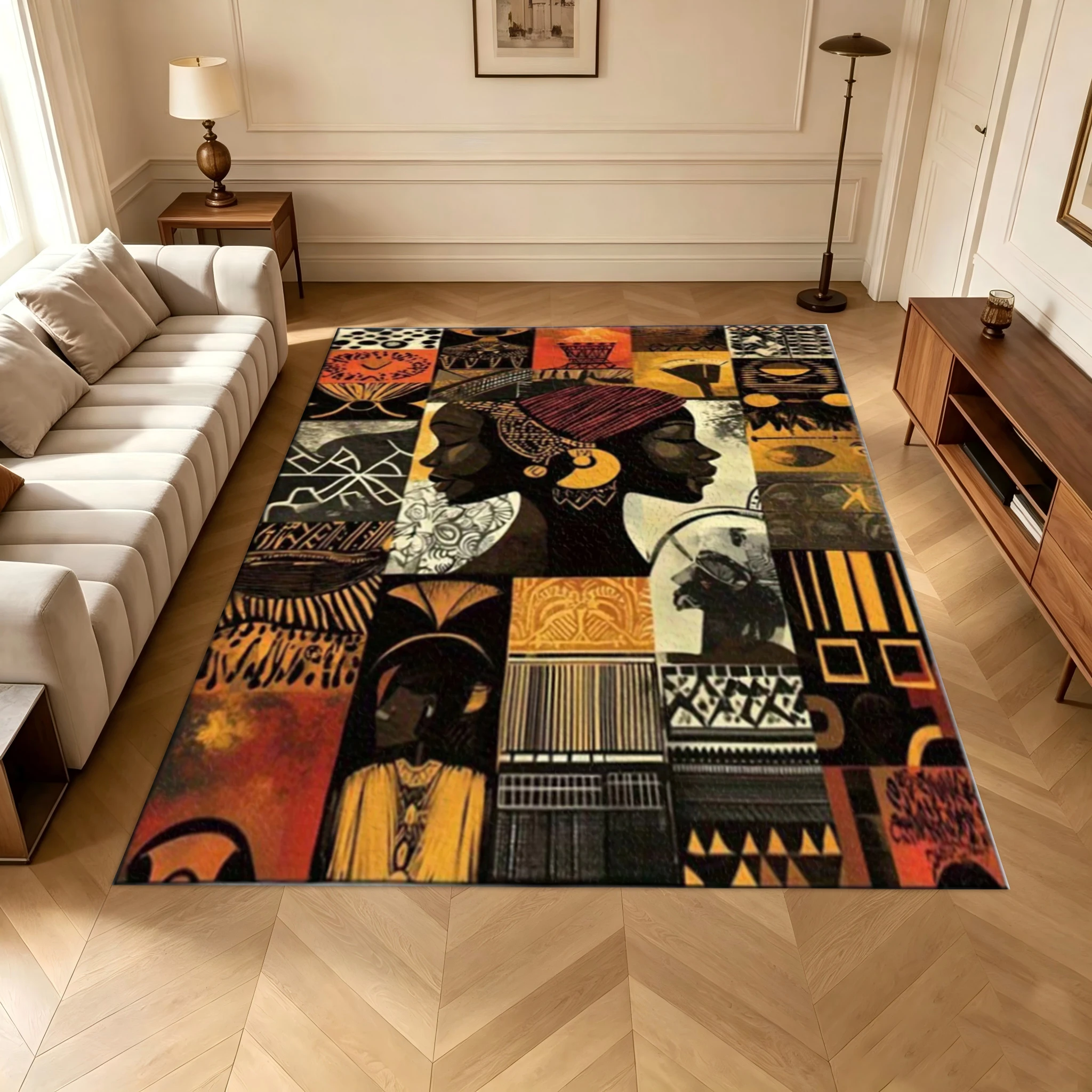 African Ethnic Female Portrait Collage Print Carpet Retro Tribal Pattern Floor Mat Home Decoration Carpet