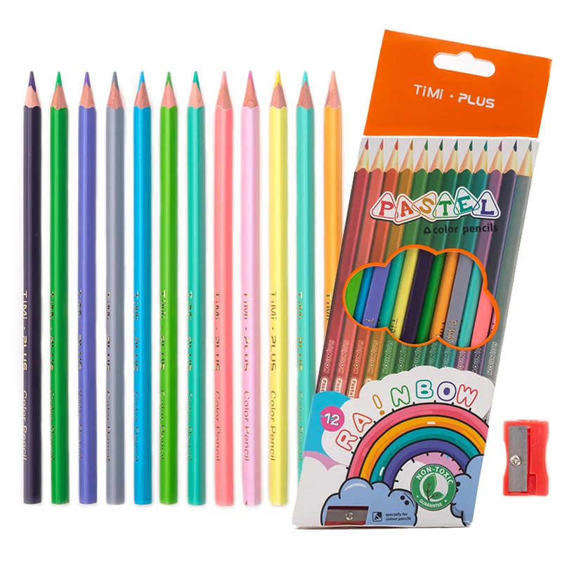 

12 Wooden Colored Pencils with Sharpener Kawaii Children Drawings Non-toxic Art Triangle Pencil Set for Students School Supplies